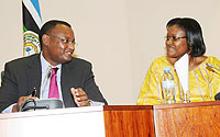 EALA Speaker, Abdirahin H. Abdi, and Rwanda's Minister for East African Affairs, Monique Mukaruliza yesterday. (Photo J Mbanda).