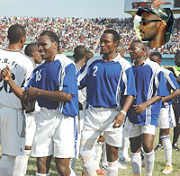 Rayon Sport players shake hands with APR players during a 2007 league encounter. Inset is Eugene Murangwa (File Photo)