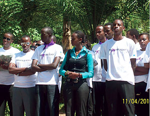 Models (clad in white t-shirts) and Miss Rwanda at Gisozi memorial site.