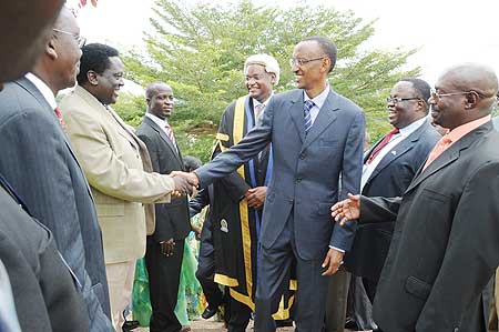 President Kagame greets members of the EALA outside Parliament buildings yesterday (Photo Urugwiro Village)