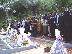 Serena staff paying respect to the victims of the 1994 genocide against the Tutsi at the Kigali Genocide Memorial Centre. (Photo; Irene V. Nambi)