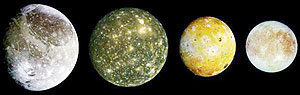 The Galilean Satellites: Ganymede, Callisto, Io, Europa respectively left-right (Credit: JPL and NASA)