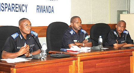 Police Chiefs Emmanuel Butera (L), Cyprein Gatete and Dr Wilson Rubanzana during the townhall meeting on the Police Week yesterday. (Photo/ F. Goodman)