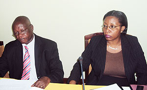 The State Minister for Local government, Christine Nyatanyi and the Executive Secretary of CEPGEL Amb. Gabriel Toyi during the meeting yesterday (Photo; R. Mugabe)