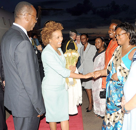 The Governor General of Canada, Michaelle Jean, greeting Rwandan officials on her arrival last evening. She was received by Prime Minister Bernard Makuza  and a host of senior government officials. (Photo J Mbanda)