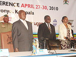 President Yoweri Museveni, Diodurus Kamara and the Chairperson of the Uganda Chamber of Commerce and Industry, Olive Kigongo at the opening ceremony yesterday.