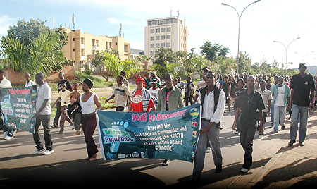 Youth from EAC partner states taking part in a march during the commemoration week. (Photo: J. Mbanda)