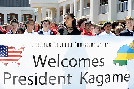 Students of Greater Atlanta Christian School welcoming President Paul Kagame at their school.(Photo by Brooke Robinson)