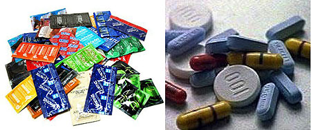 L-R : Condoms can help to prevent HIV infection ; Assistance from the Global Fund to fight AIDS, Malaria and TB has reduced the costs of access to ARV treatment.