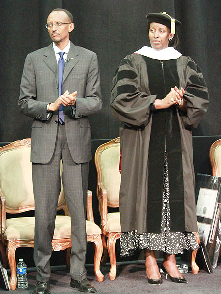 President Paul Kagame and First Lady Jeannette Kagame at the OCU graduation ceremony. (Photo: Urugwiro Village)