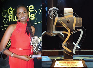 L-R : All smiles. Irene Gabby Kamanzi after accepting the award on behalf of The Sisters ; How the Groove Award with Skiza looks like.