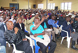RPF members chant party slogans prior to presidential party elections at APAPEB high School on Saturday. (Photo; A.Gahene)