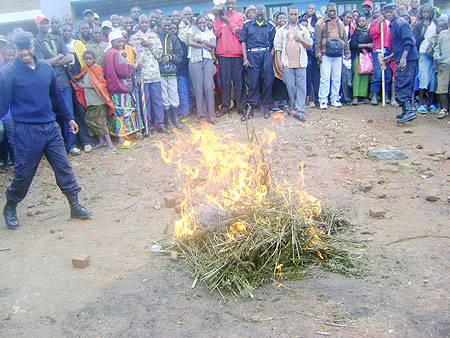 UP IN SMOKE: Drugs that were discovered in Nyungwe forest being set ablaze. (Photo: J.C. Gakwaya)