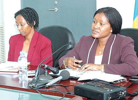 Minister  for EAC Affairs, Monique Mukaruliza (R), Minister of State infrastructure, Colette Ruhamya, briefing the media yesterday. (Photo / F. Goodman)