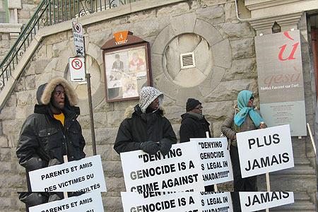 Demonstrators  at one of the conferences organised by Rusesabagina. (File photo)