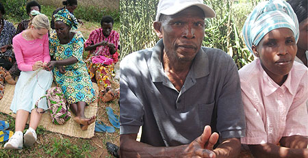 L-R : A tourist being shown how to weave baskets ; Nkundiye and Mukamana.