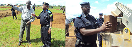 L-R : Governor Ephraim Kabaija explains to a police officer the way the houses shoul be constructed ; RPC Chief Spuritendant Gilbert Gumira carrying blocks to build houses for the needy in Nyagatovu. (Photo /S.  Rwembeho.)