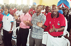 Western Province Executive secretary, Paul Jabo (extreme right), leads other party members in celebrations after yesterdayu2019s elections. (Photo: S. Nkurunziza)