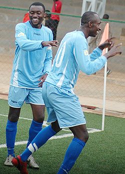 Yusuf Ndayishimiye celebrates after scoring in recent Primus league match. Yesterday, Rayon overcame SC Kiyovu 2-0 to storm the semis of this yearu2019s MTN Peace Cup. (File photo)