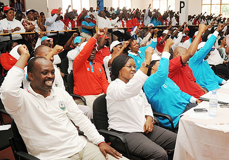 RPF Members in Kigali city chant the Party Slogan at the Primaries. (Photo J Mbanda)
