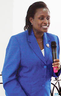 Beatrice Kiraso lectures students of KIU yesterday. She called on the students to play an instrumental role in fostering regional integration. (Photo; G. Muramira)
