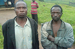 NABBED: Janvier Mahanga and Hangi Kongomani two of the three illegal miners who were arrested yesterday (Photo S Nkurunziza)