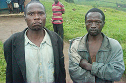 NABBED: Janvier Mahanga and Hangi Kongomani two of the three illegal miners who were arrested yesterday (Photo S Nkurunziza)