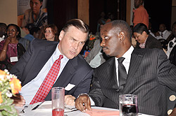 The Minister of Health, Dr. Richard Sezibera chatting with US Ambassador to Rwanda, Stuart Symington during the meeting. (Courtsey photo)