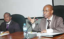 ICT Minister, Ignace Gatare, and RICTA Chairman, Geoffrey Kayonga, at the Press conference yesterday. (Photo J Mbanda)