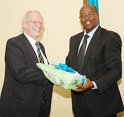 The Minister of Local government James Musoni (L) with Carl Wright Secretary-General of the Commonwealth Local Government Forum (Photo; F. Goodman)