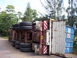The illfated mombasa bound truck involved in an accident near Gasumo farm still lying by the roadside. Photo A.Gahene