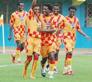 St.George players celebrate after yesterdayu2019s commanding 5-0 victory over Telkom. The Ethiopians will now play Atraco in the semi-finals. (Photo F. Goodman)