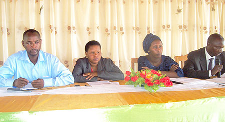 Rwamagana Mayor Nehemiah Uwimana (R) chairing the meeting. 