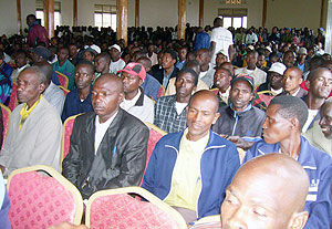Gicumbi District local leaders listening to speeches delivered by local leaders at Hotel Urumuli on Tuesday. (Photo:  A. Gahene)