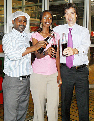 Cu00e9lestin Ntaganira (Technical Services&Project Manager), Yvette Ntagozera (Soft drinks Brand Manager), Alexander Koch (Commercial Director)
