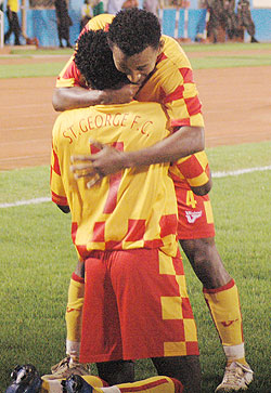 Salahadin Said celebrates with Adane Girma fater doubling St.Georgeu2019s advantage. (Photo / F. Goodman)