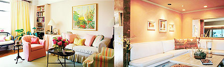 L-R : Living rooms can be inspired by a painting- the colours used here are bright and welcoming ; Moods can be created through themes.