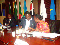 The ICGLR Executive Secretary Liberata Mulamula speaks to Zambia's Meleka during the meeting in Kampala. (Photo; G. Muramira)