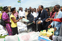 Senator Rwigamba Balinda (second left) during the handover of the donation to the survivors of Gisozi Sector, Gasabo District yesterday (Photo J. Mbanda)