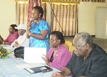 Yvonne Mutakwasuku, the Muhanga RPF Chairperson  opens the party meeting. (Photo: D. Sabiiti)