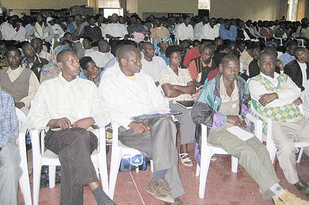 Hundreds of local authorities leaders in a meeting with NEC president Prof. Chrysologue Karangwa.