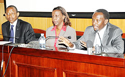 Prosecutor General Martin Ngoga (R) Foreign Affairs Minister Louise  Mushikiwabo (C) and Rwandau2019s Ambassador to th US James Kimonyo during the press conference yesterday. (Photo; J. Mbanda)