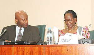 Senator Valens Manyabagisha with Executive Secretary of ICGLR, Liberata Mulamula during the meeting (Photo; F. Goodman)