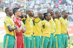 Bafana Bafana players line up in one of their build up games for the 2010 World Cup. The hosts open their campaign this afternoon against Mexico. (Net photo)