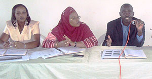 From R-L: Luice Mukarumashana, Fatu Harerimana and Bugesera Mayor Louis Rwagaju during the meeting. (Photo: S. Rwembeho)