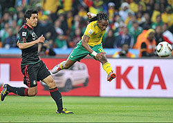 Soccer City erupts in the 55th minute as Siphiwe Tshabalala picks up the ball on the left before unleashing a stunning strike.