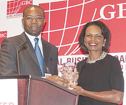 CEO, Access Bank Plc, Aigboje Aig Imoukhuede (left); presenting the Global Business Coalition (GBC) Vision and Impact Award to the 66th US Secretary of State Condoleezza Rice, at the 2010 GBCu2019s conference, in Washington D.C, USA