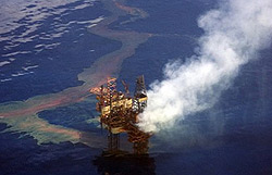 An aerial view of the BP oil well spewing into the Gulf of Mexico.