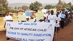 Children marching to campaign for their right to access education (Photo; Fred Ndoli)