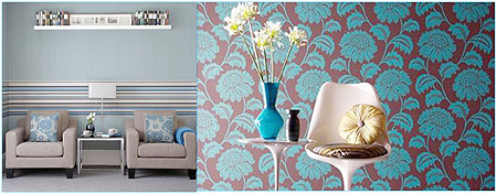 L-R : Wall paper doesnu2019t have to fill up the entire wall, when used in strips the results can also be effective ; Bold floral prints can make a dramatic statement.